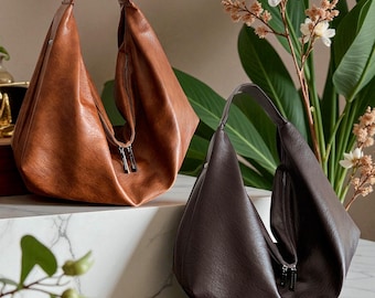 Large Brown Leather Tote Bag: Soft Hobo Slouchy Shoulder Bag for Women