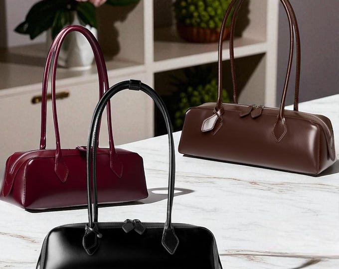 Leather Baguette Bag: Small Shoulder Purse, Vintage Underarm Tote, Elegant Top Handle Handbag