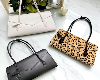 Leather Baguette Bag: Small Shoulder Purse, Vintage Underarm Tote, Elegant Top Handle Handbag
