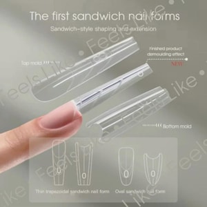 Puede incluir: Formas de uñas sándwich de plástico transparente para dar forma y extender las uñas. La imagen muestra el molde superior, el molde inferior y un dedo con una uña dentro de la forma. El texto dice "The first sandwich nail forms" y "Finished product demoulding effect NEW."