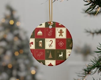 Advent Calendar Pattern Ceramic Ornament | Double-Sided Round Christmas Ornament