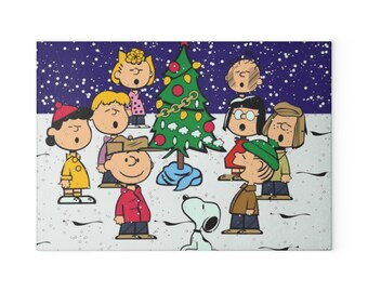 Peanuts Gang Christmas Tree Tempered Glass Cutting Board