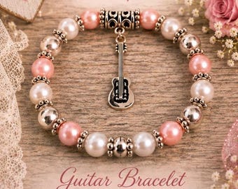 Pulsera de perlas con forma de guitarra inspirada en Dolly Parton – Cuentas rosas y blancas, joyería conmemorativa