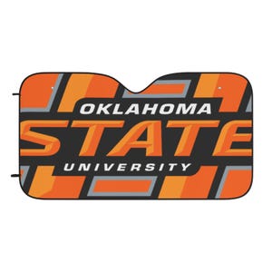 May include: A car sunshade featuring the Oklahoma State University logo. The design includes the words "OKLAHOMA STATE UNIVERSITY" in orange and white against a black and orange background. The sunshade is rectangular with a curved top.