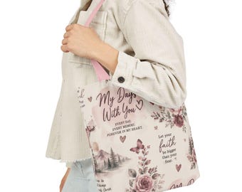 Bolso de mano con estampado floral "Mis días contigo" / rosas, mariposas, texto inspirador