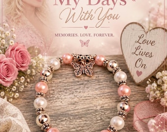 Pulsera conmemorativa de mariposa inspirada en Dolly Parton – Perla rosa, tono plateado (Hecha a mano)