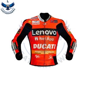 May include: A red and black motorcycle racing jacket with the Lenovo, NetApp, and Ducati logos. The jacket has sponsor logos and is designed for speed. The jacket is a size L. The jacket is made of leather.