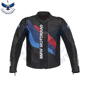 May include: Black motorcycle jacket with the text "BMW MOTORRAD" in white. The jacket features blue and red accents and the BMW logo on the sleeves. The jacket has a zip closure and a stand-up collar.