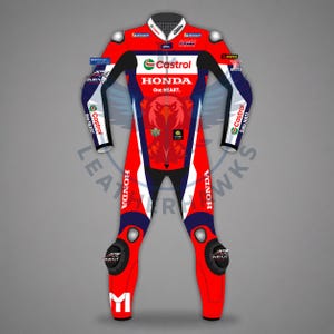 May include: A red and white racing suit with black and blue accents. The suit features the Honda and Castrol logos, along with the text "One HEART." The suit has knee and shoulder protection and the letter "M" on the leg.
