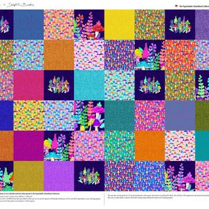 May include: A fabric panel from The Psychedelic Woodland Collection featuring a grid of squares with colourful mushroom and plant illustrations, solid textured blocks in yellow, orange, purple, and teal, and text stating 12.7 cm by 12.7 cm squares.