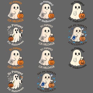 May include: A collection of Halloween-themed graphics featuring a friendly ghost holding a jack-o'-lantern. The text "SO PUMPED for Halloween" is displayed in orange and white. The ghost has a happy expression and is surrounded by Halloween elements.