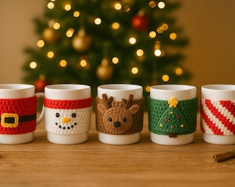 Christmas Crochet Cup Cozy Pattern | Santa, Snowman, Reindeer, Tree (PDF)