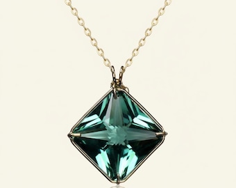 Green Quartz Pendant Necklace: Square Gemstone, Gold Plated, Minimalist
