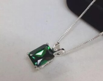 Lab Emerald Pendant Necklace - Radiant Cut, Silver Finish - May Birthstone