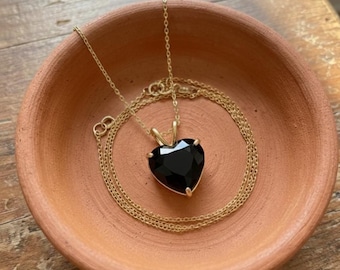 Black Tourmaline Heart Pendant • Gold Protective Gemstone Necklace