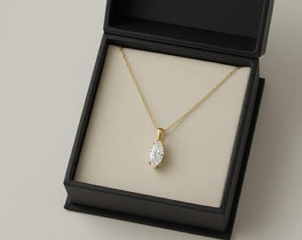 Marquise Cut Crystal Pendant Necklace, Dainty Gold Necklace, Minimalist Sparkling Gem Jewelry for Women