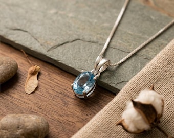 Oval Aquamarine Blue Gemstone Pendant, Minimalist Silver Necklace, March Birthstone Charm