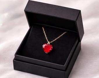 Heart Shaped Ruby Crystal Pendant Necklace, Gold Tone Chain, Romantic Jewelry