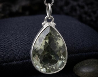 Handmade Green Amethyst Teardrop Pendant Necklace, Sterling Silver, Minimalist Elegant Jewelry