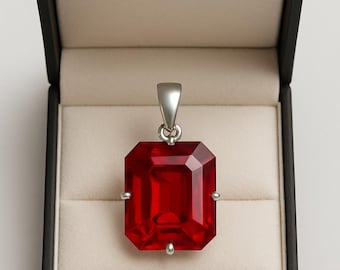 Lab Ruby Pendant | Emerald Cut Red Gemstone Necklace | Birthstone Jewelry Gift for Her