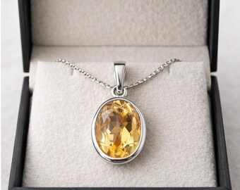 Oval Lab Citrine Pendant Necklace, Minimalist Silver Bezel, November Birthstone Jewelry