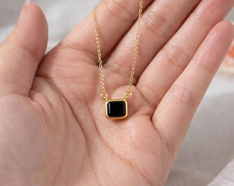 Black Onyx Pendant Necklace • Square Gemstone, Gold-Tone