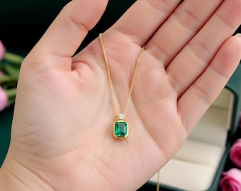 Lab Emerald Pendant Necklace, Gold Finish, Lab Diamond Accent