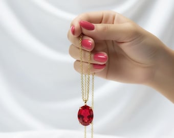 Oval Lab Ruby Pendant Necklace, Gold Finish Jewelry, 18 inch