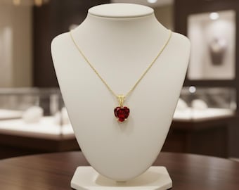 Heart Lab Garnet Pendant Necklace: Gold Finish, January Birthstone