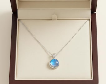 Rainbow Moonstone Pendant Necklace, Round Gemstone, 18 inch Chain