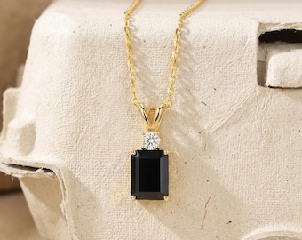 Emerald Cut Black Onyx Pendant Necklace • Lab Diamond Accent, Minimalist Gold