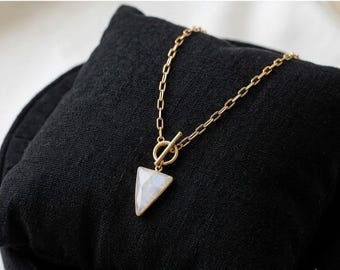 Moonstone Triangle Pendant Necklace, Gold Plated Paperclip Chain, Toggle Clasp