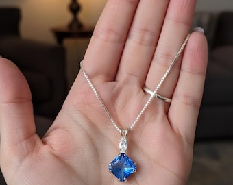 Blue Quartz Lab Diamond Pendant Necklace: Silver Plated Two-Stone Drop