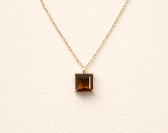 Smoky Quartz Square Pendant Necklace • Brown Gemstone Gold