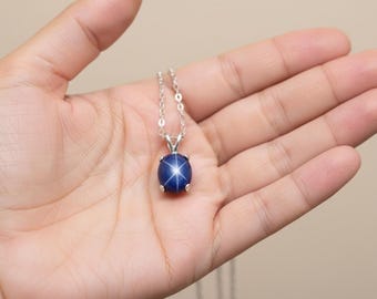 Collana con ciondolo in argento con zaffiro stellato: pietra preziosa blu naturale, catena da 18 pollici