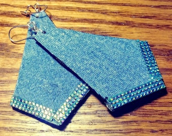 Diamond shaped (blue sparkles) upcycled denim earrings