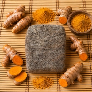 May include: A rectangular, grey, felted wool bar positioned centrally, surrounded by several whole and sliced turmeric roots, a small wooden bowl filled with ground turmeric powder, and loose piles of bright orange turmeric powder.