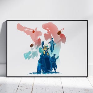 May include: Framed art print featuring a stylized illustration of several figures in blue and yellow, set against a backdrop of abstract red and blue brushstrokes. The artwork is framed in a black border and set against a white background.
