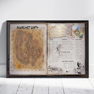 May include: A framed print featuring a detailed map labeled "Scorched Earth." The map is brown and tan with various markings, coordinates, and text. Additional handwritten notes and illustrations are included, with a black frame and a white background.