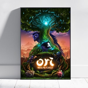May include: A framed poster featuring artwork from "Ori and the Blind Forest." The image showcases a glowing tree with a blue light at the top, surrounded by fantastical creatures. The title "Ori" is prominently displayed in a glowing font.