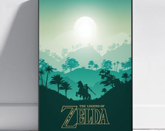 May include: A framed art print featuring a silhouette of a rider on horseback, set against a landscape of mountains, trees, and a large sun. The text "THE LEGEND OF ZELDA" is displayed in gold lettering at the bottom of the print.