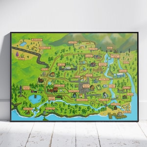 May include: A framed, colourful map illustration of a rural town with various locations labelled, including a farm, beach, and fishing shop. The map features a winding road, rivers, and green fields, with a blue border.