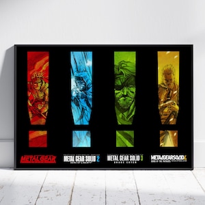 May include: A framed poster featuring four stylized exclamation points, each with a character illustration and title from the Metal Gear video game series. The titles include "Metal Gear," "Metal Gear Solid 2," "Metal Gear Solid 3," and "Meta Gear Solid 4."