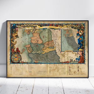 May include: Framed map print of The Northern Kingdoms, featuring a detailed, antique-style illustration. The map has a black frame and is decorated with ornate borders, including figures and text. The color palette includes blues, browns, and yellows.
