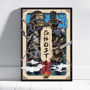 May include: A framed poster featuring the title "Ghost of Tsushima" in bold vertical text. The artwork depicts several samurai warriors, a pagoda, and a figure in red. The color palette includes blues, blacks, and golds.