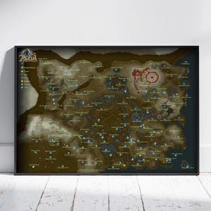 May include: A framed map of a video game world, showing a detailed landscape with many icons and place names. The map is mainly brown and green, with blue icons marking locations. The game's logo is in the upper left corner.
