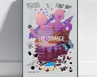 Puede incluir: Un póster enmarcado con un fondo gris que presenta el texto "Life is Strange". La obra de arte incluye siluetas de dos figuras, mariposas y otros elementos gráficos en tonos morados, rosas y azules. El texto adicional incluye "I can't sleep."