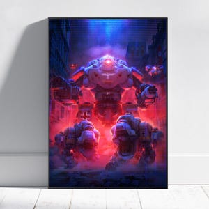 May include: A framed digital art print featuring a futuristic scene with three large, white and gray robots in a city setting. The robots have red accents and are surrounded by a red and purple glow. The artwork has a dramatic, action-oriented theme.