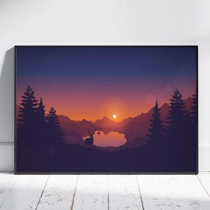 Könnte beinhalten: Gerahmter Kunstdruck mit einer minimalistischen Landschaftsszene. Das Kunstwerk zeigt einen Sonnenuntergang über einem See, mit Silhouetten von Bergen, Bäumen und einem Hirsch. Die Farbpalette umfasst Orange-, Lila- und Blautöne.