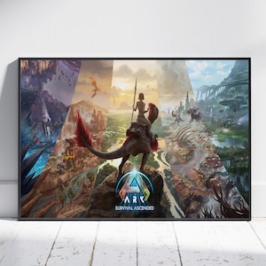 以下が含まれることがあります： ゲーム「ARK: Survival Ascended」のポスター。様々な風景を背景に、恐竜に乗る人物が描かれています。ポスターは黒いフレームに入っており、白い壁に飾られています。